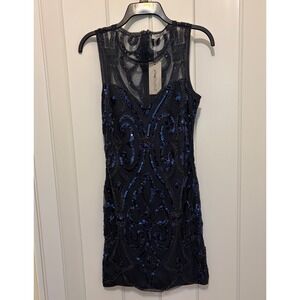 VVMCURVE Navy Blue Sequin Beaded Art Deco Mesh Cocktail Dress Teen/Juniors M